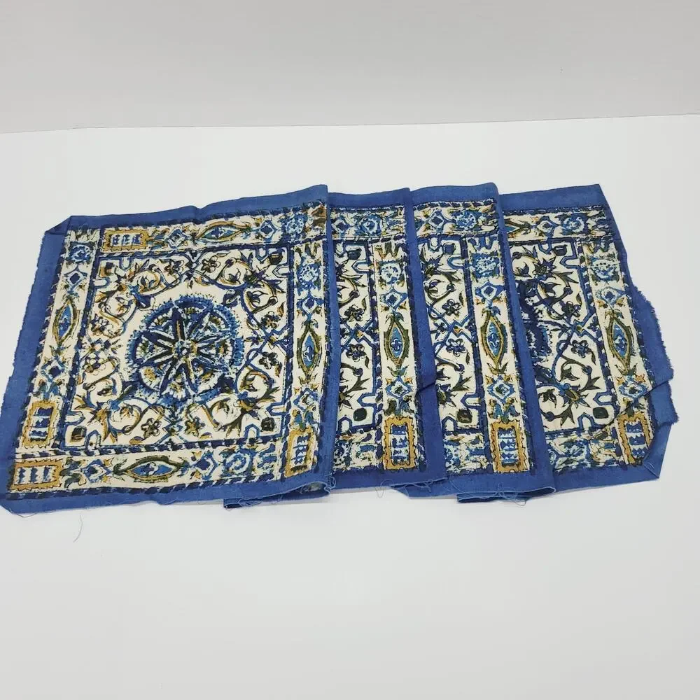 Vintage Turkish Blue Mandala Flower Set 4 Connected Fabric Panel Turkey Made
